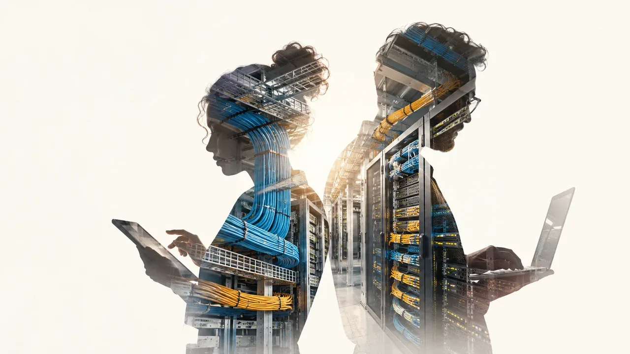 Dupla exposição com silhueta de dois especialistas de marketing em colaboração integrada a servidores e infraestrutura física de fibra óptica