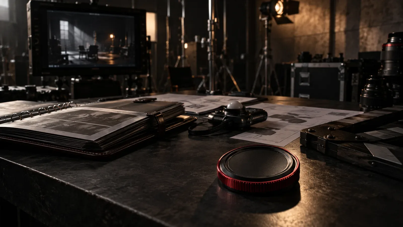 Mesa de produção audiovisual em estúdio escuro com roteiro e claquete sob iluminação cinematográfica
