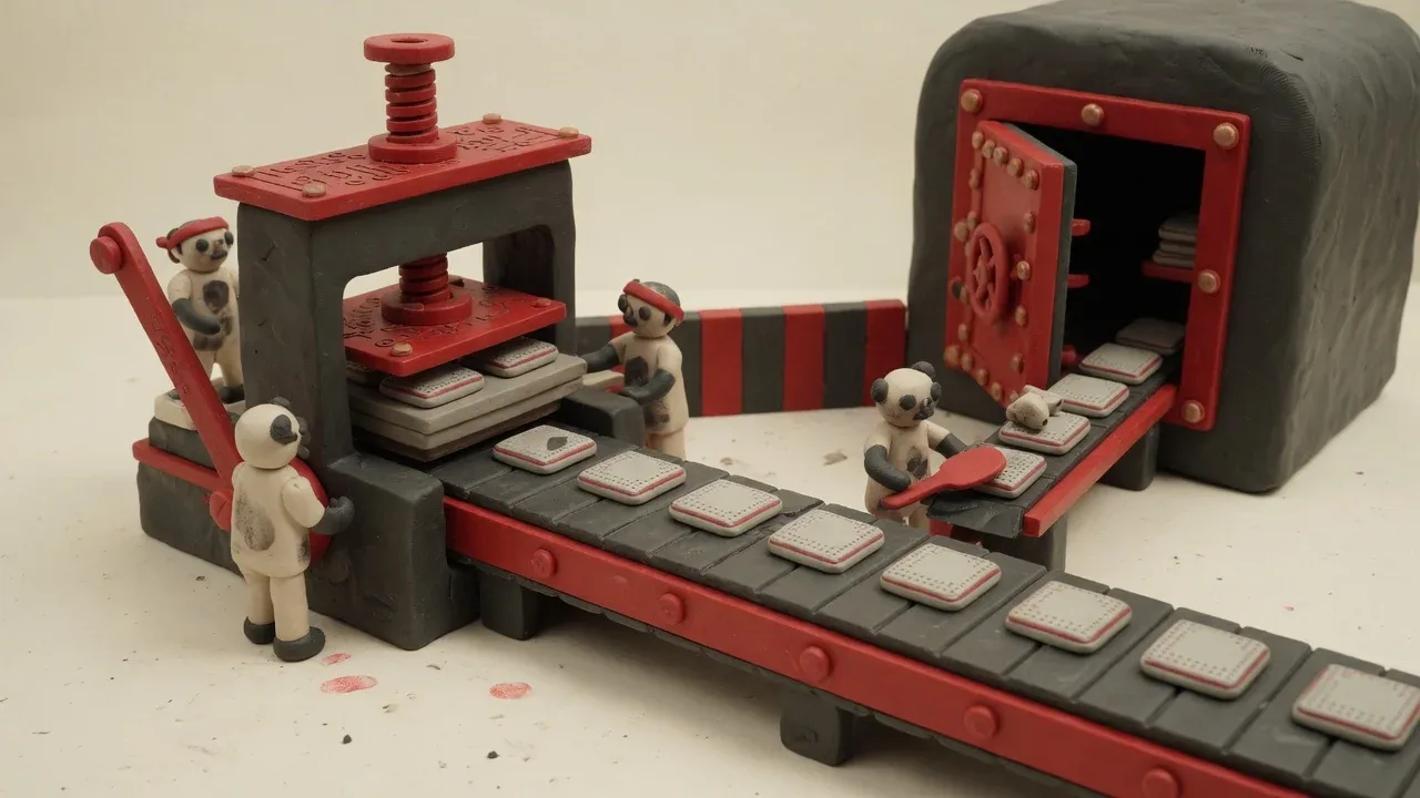 Cena em massinha de uma linha artesanal de produção onde figuras de massinha separam registros confidenciais e carimbam fichas sintéticas anônimas