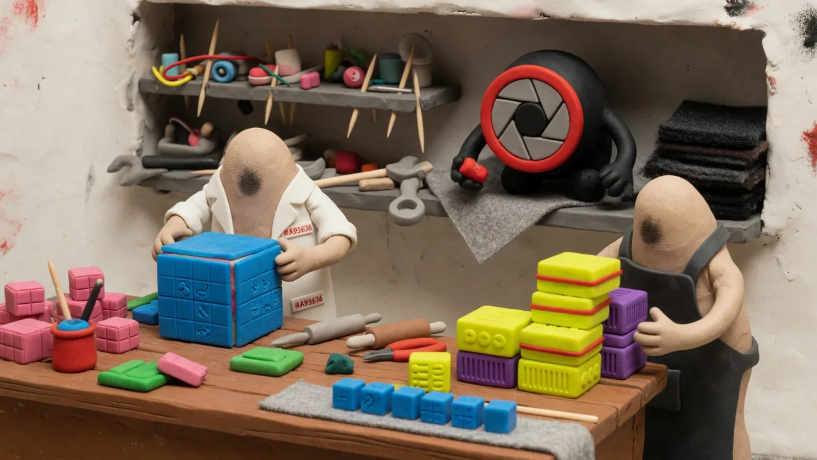 Cena de animação em massinha stop-motion em oficina tecnológica, onde pequenas figuras moldam cubos de dados artificiais para uma unidade de inteligência artificial