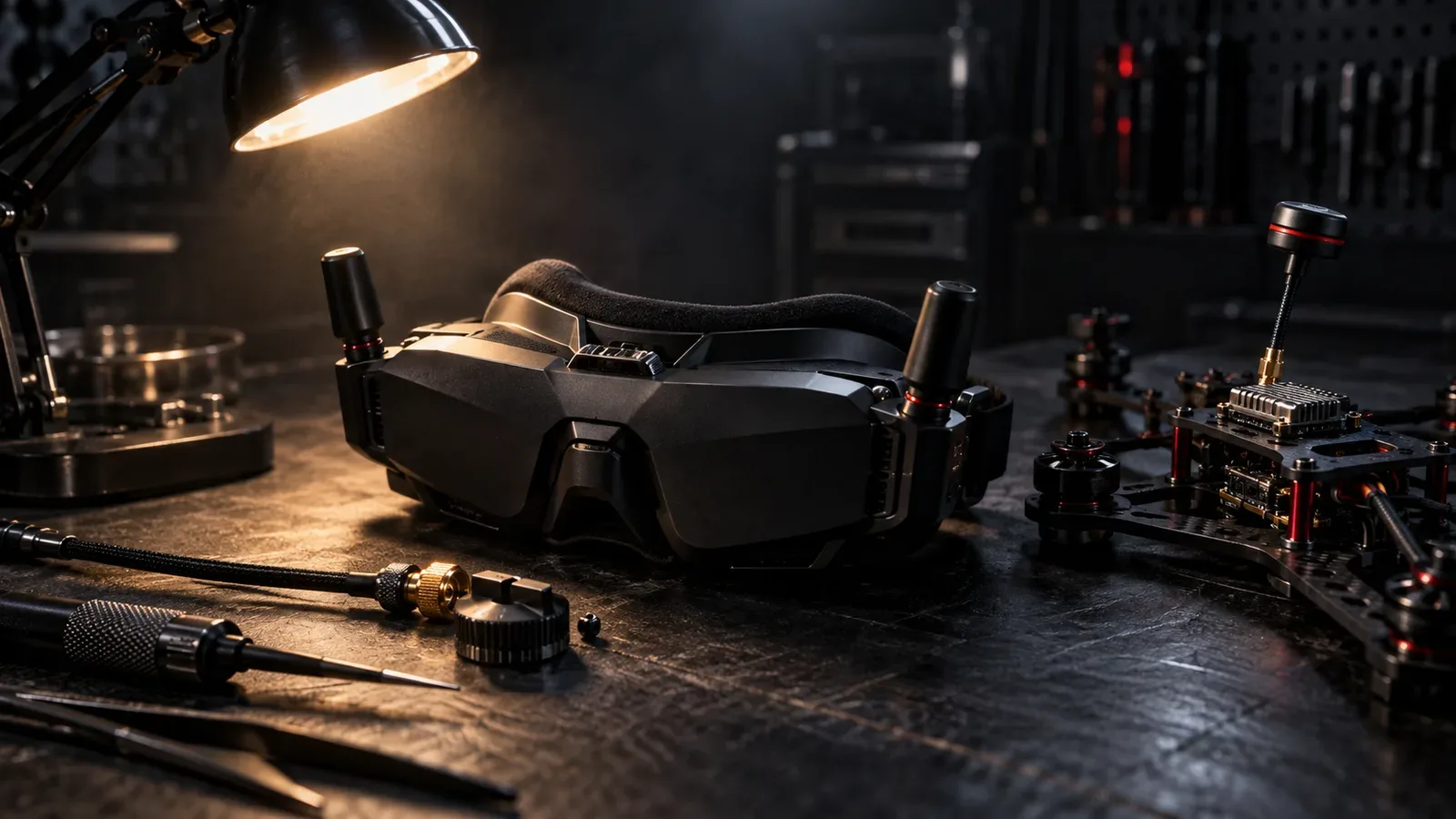 Óculos binocular para drone FPV em bancada técnica escura de engenharia com antenas compactas e detalhes em carmim