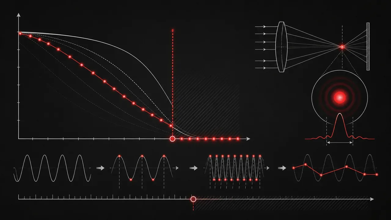 Diagrama técnico de engenharia óptica ilustrando curvas de amostragem espacial, resposta MTF e limites de corte de Nyquist
