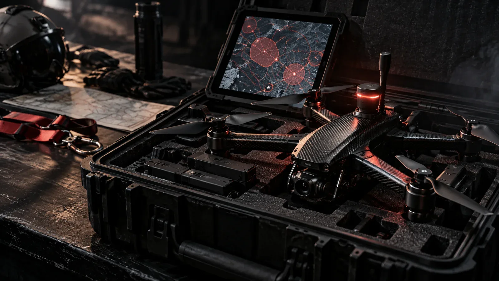Estação técnica de planejamento de voo de drone com mapas de espaço aéreo