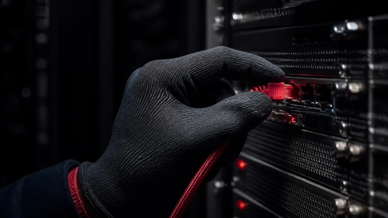 Engenheiro conectando cabo de rede vermelho em porta de servidor sob luz direcional suave
