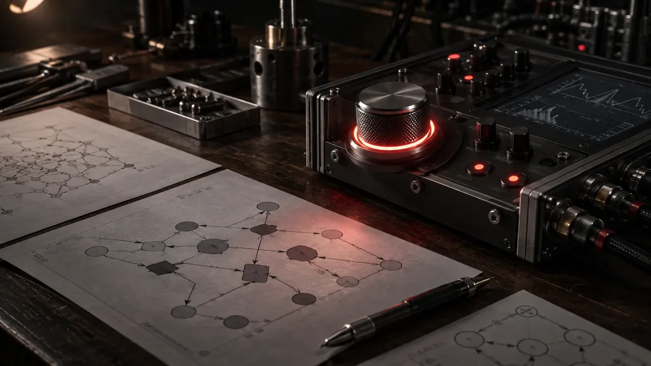 Bancada de desenvolvimento com esquemáticos de grafos de estados e console de telemetria