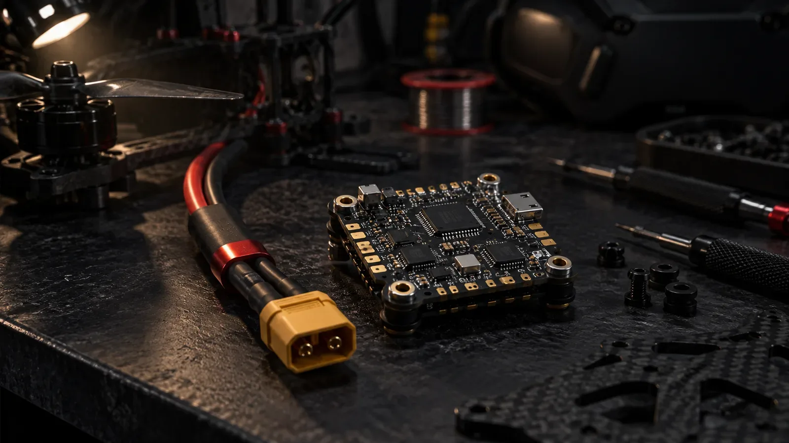 Controladora de voo FPV com circuito OSD integrado e conexões de alimentação em bancada escura de testes