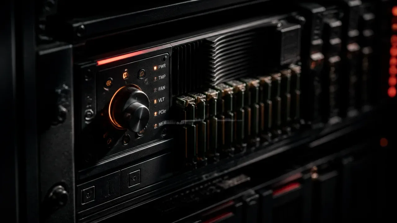 Console industrial de telemetria e análise de desempenho em rack de datacenter