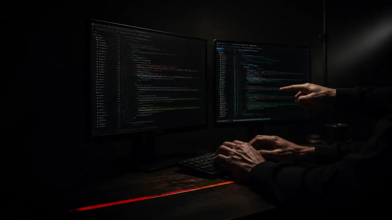 Duas mãos programando em par diante de dois monitores, com uma faixa de sinalização vermelha visível na borda da mesa
