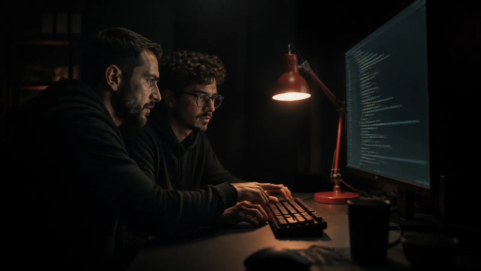 Founder e cliente lado a lado diante de um monitor com código em produção, luminária vermelha acesa sobre o teclado