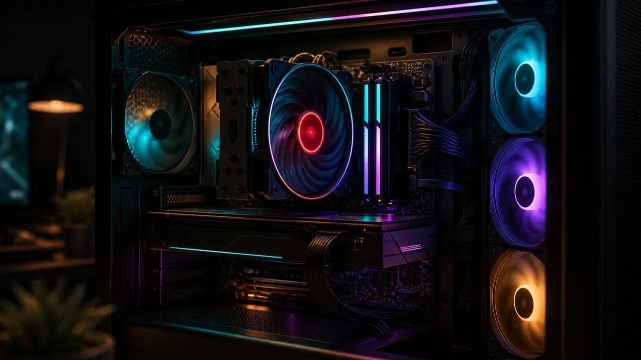 Interior de PC desktop aberto mostrando placa de vídeo, cooler e RAM em build híbrida