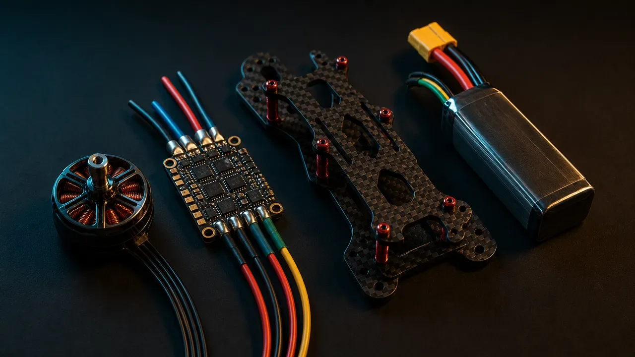 Peças FPV dispostas em bancada: motor 2207, ESC 45A, frame carbono 5 polegadas e bateria 6S