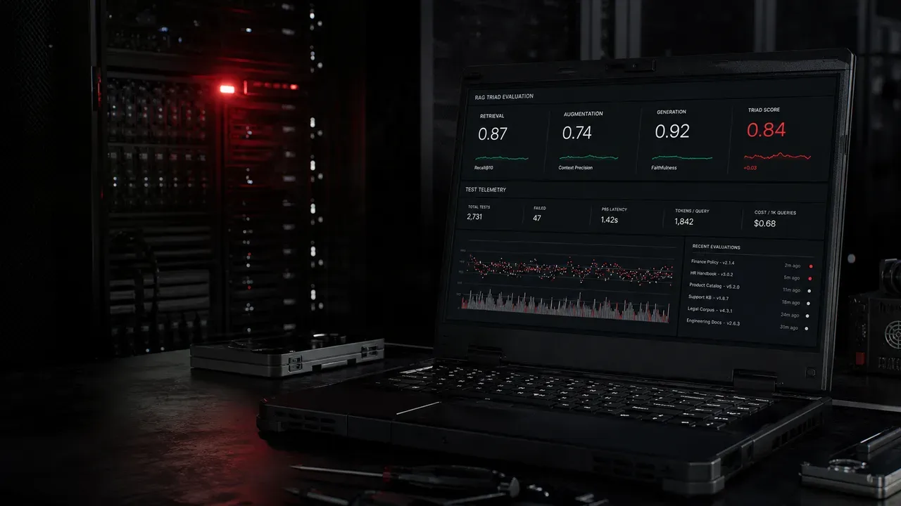 Console de telemetria de avaliação com painel de métricas de fidelidade e indicador LED carmim no rack de servidores