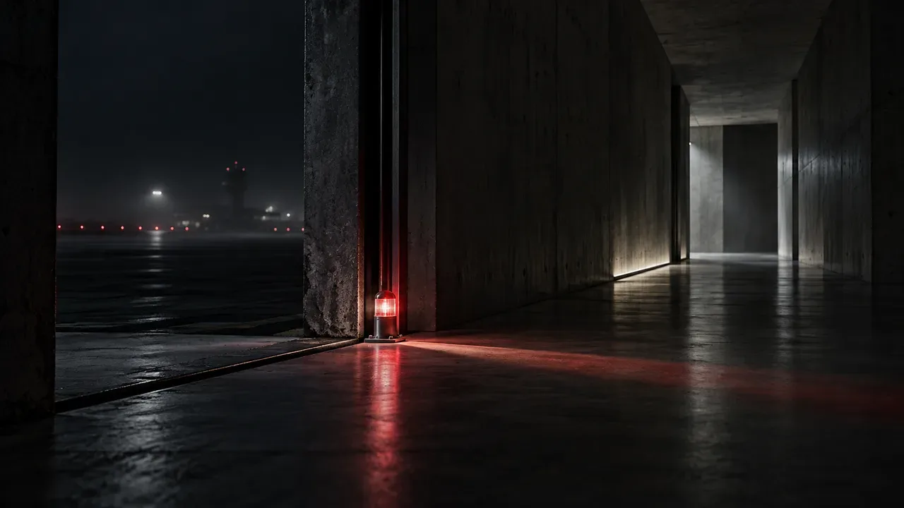 Portal arquitetônico estreito demarcado para transição exterior-interior de voo
