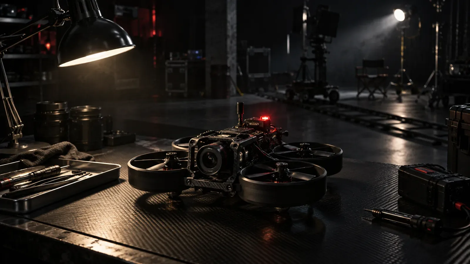 Plano-sequência com drone FPV indoor em set industrial