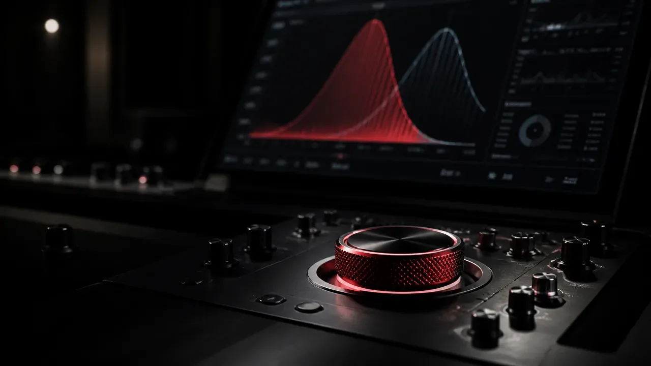 Console de modelagem estatística com dial de ajuste paramétrico e iluminação carmim focada