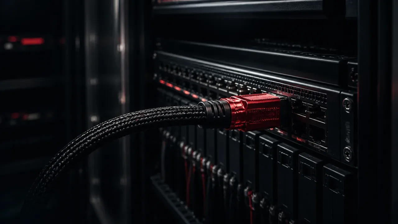 Rack de servidores escuro com cabo de dados de telemetria exibindo conector metálico carmim