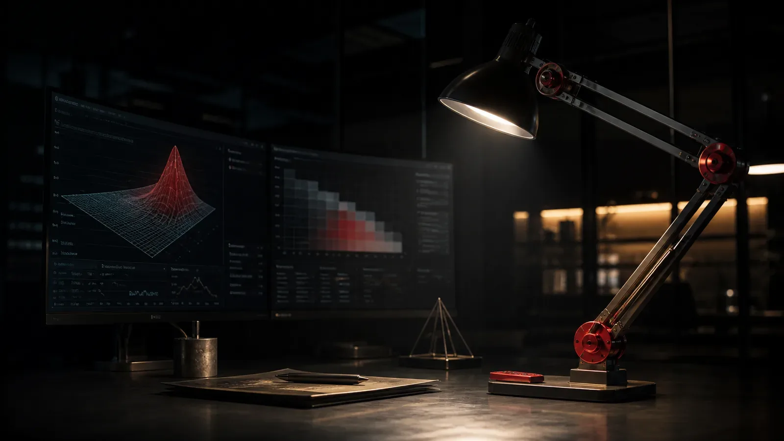 Estação de trabalho analítica e econométrica com monitores de telemetria e luminária industrial com acento carmim