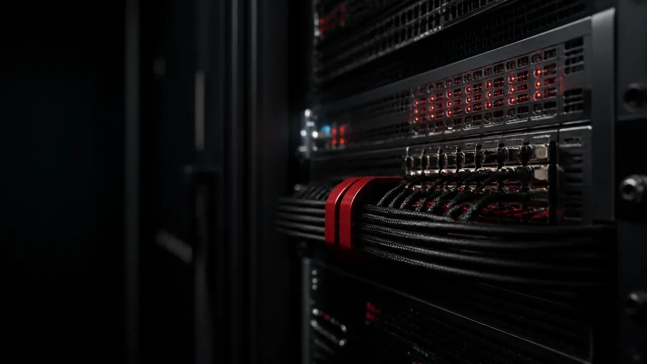 Servidor edge em rack escuro com transceivers ópticos e presilhas carmim iluminadas processando telemetria de margem