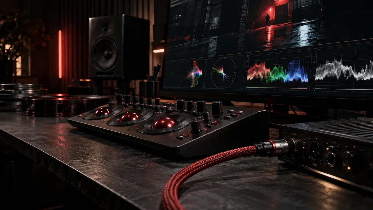Suíte de pós-produção e color grading cinematográfico com monitor de referência calibrado e fones de estúdio com cabo carmim