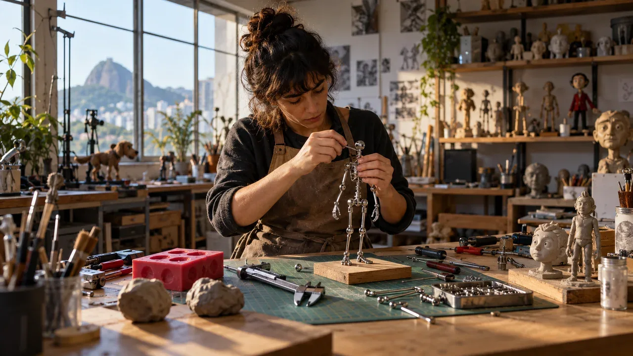Oficina de animação com montagem artesanal de armadura esquelética metálica para boneco articulado e molde carmim em bancada de madeira