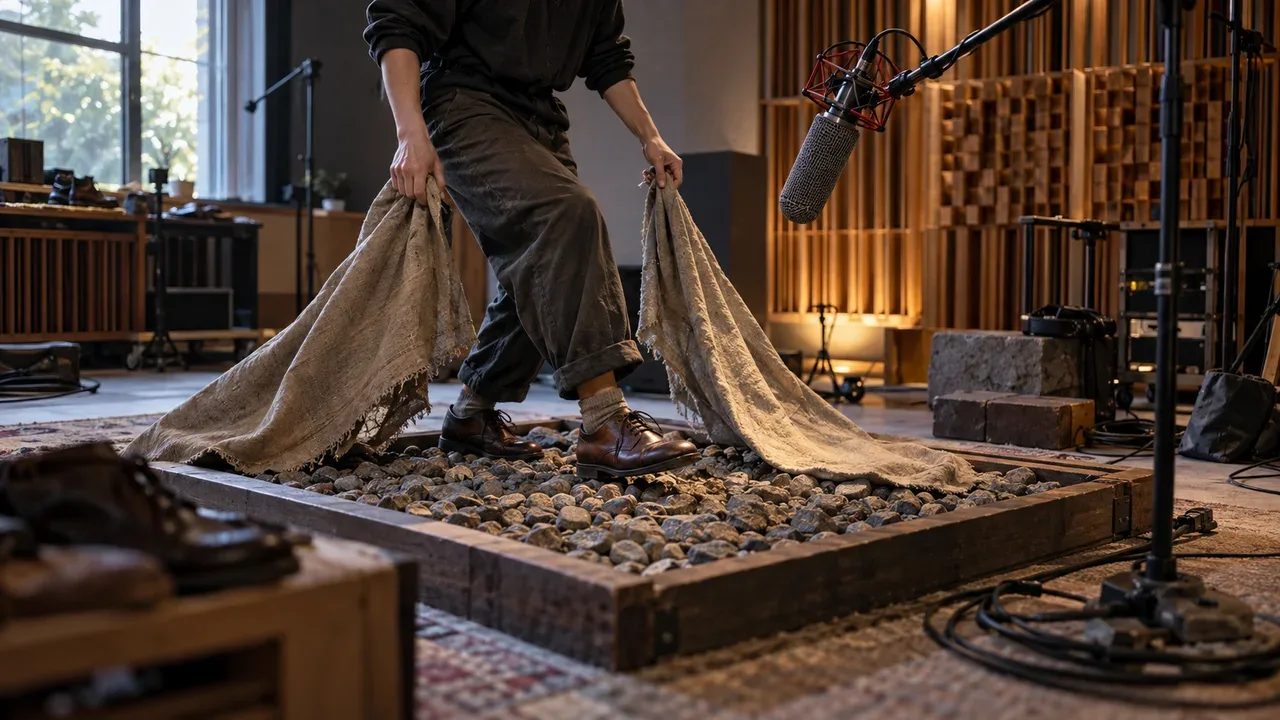 Gravação de efeitos sonoros de foley para animação com artista manipulando tecidos em sala acústica e microfone em suporte carmim