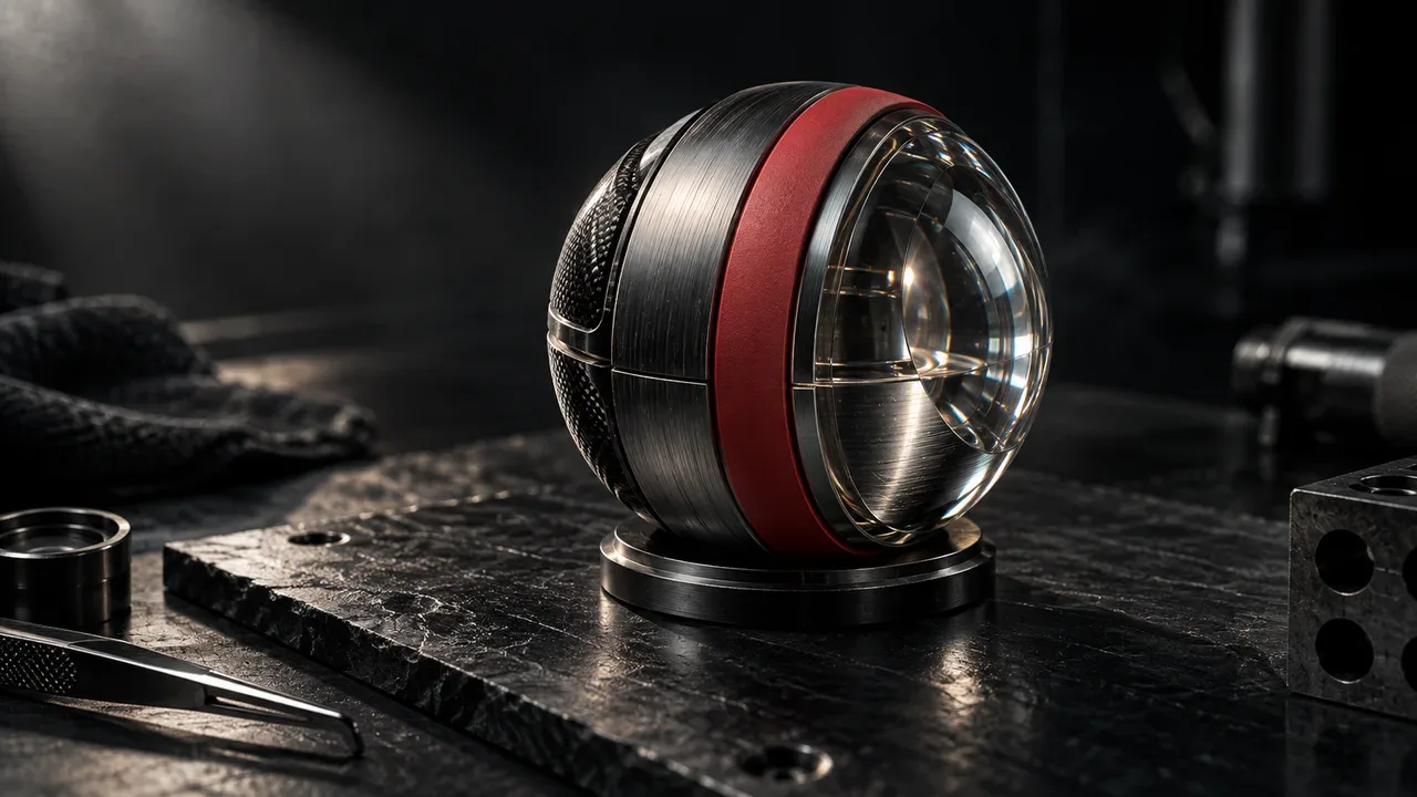 Esfera de teste de materiais PBR com acabamentos em titânio e anel de vedação carmim sob iluminação de estúdio