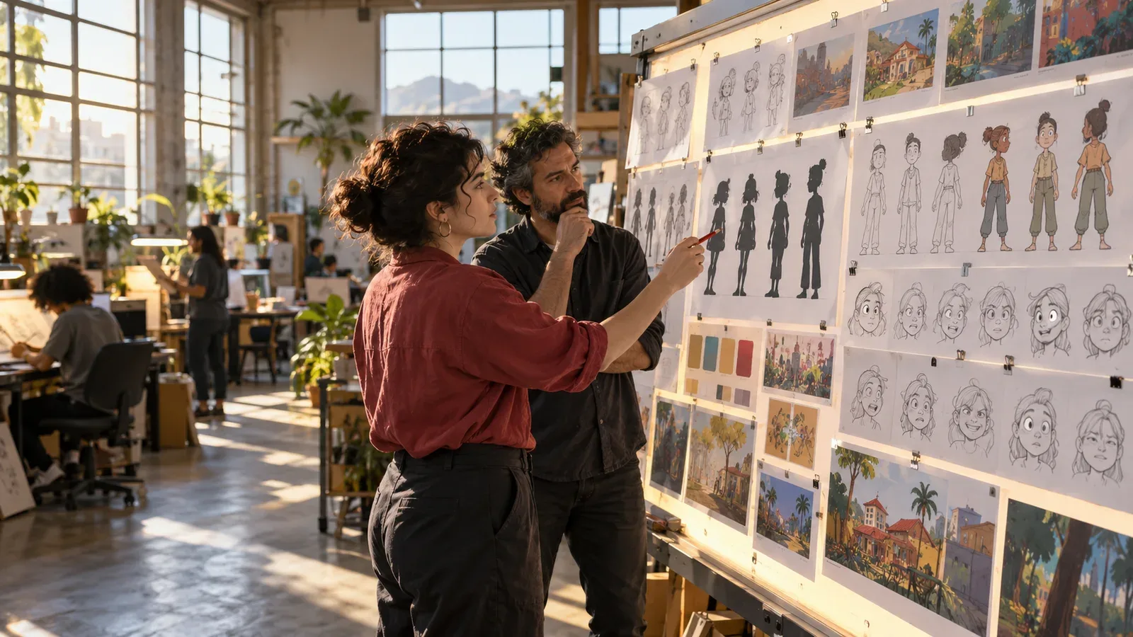 Direção de arte em estúdio de animação com painel de model sheets, estudos de personagem e lápis carmim em ambiente iluminado por luz natural