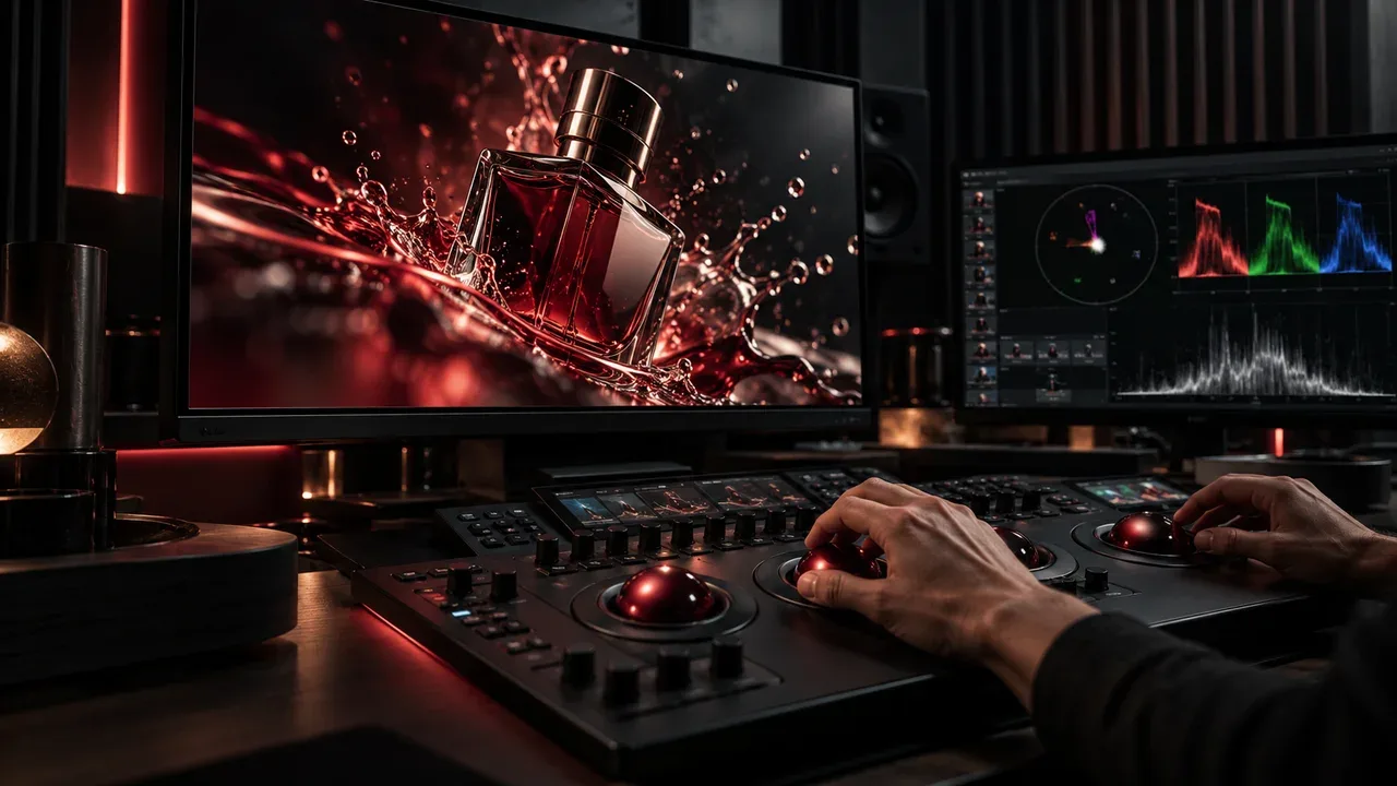 Suíte de pós-produção de color grading ACES com monitor master HDR e dial de controle carmim