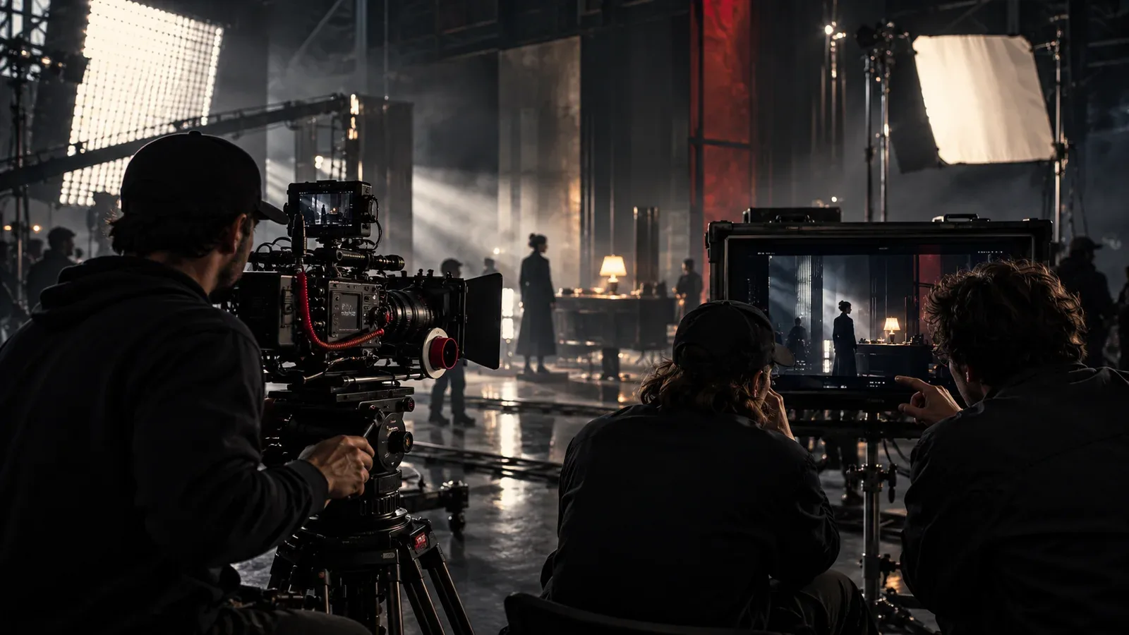 Câmera de cinema digital de grande formato com rig completo em set comercial com detalhe carmim
