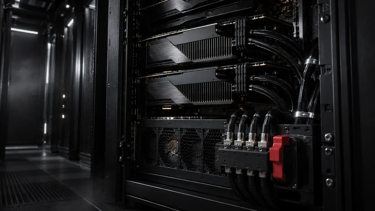 Gabinete de render farm GPU com chassi industrial e indicador de trava funcional carmim