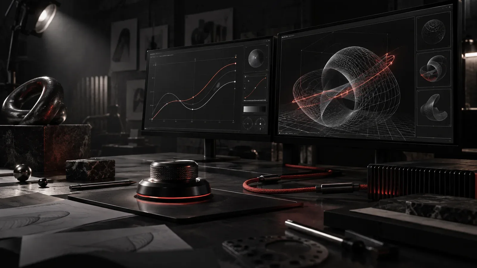 Workstation de motion design com curvas Bézier e monitor calibrado em estúdio corporativo