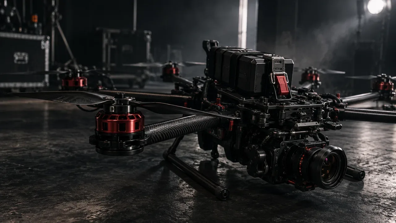 Drone FPV Cinelifter em voo rasante em set de gravação de videoclipe musical