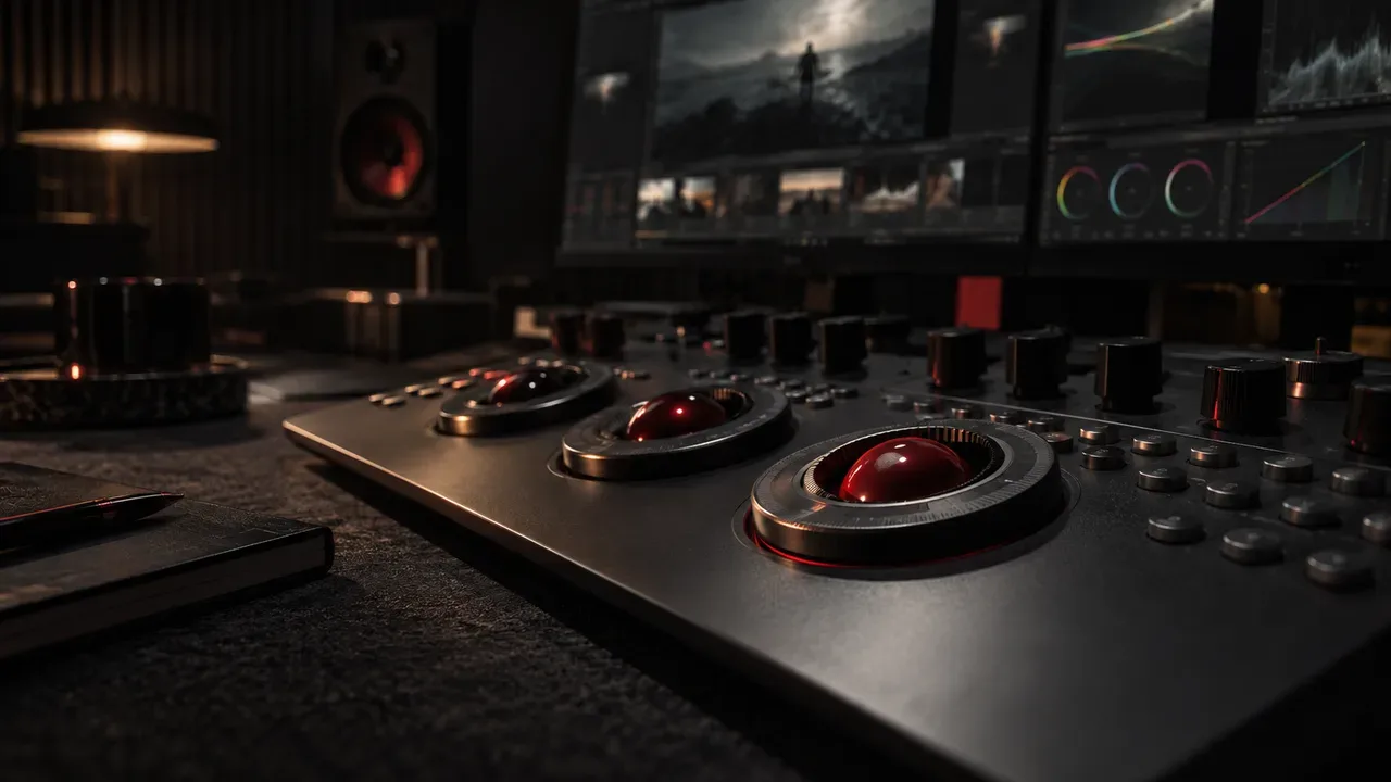 Console de pós-produção audiovisual e ilha de color grading ACES 2.0 com monitores calibrados para videoclipe