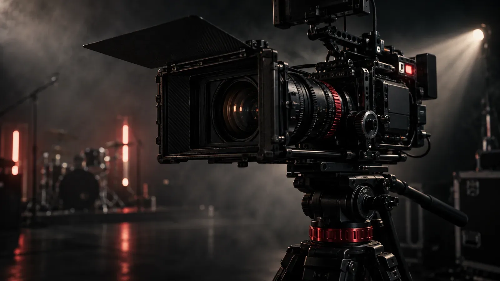 Set de gravação de videoclipe musical com câmera de cinema montada em tripé com indicador carmim e iluminação chiaroscuro