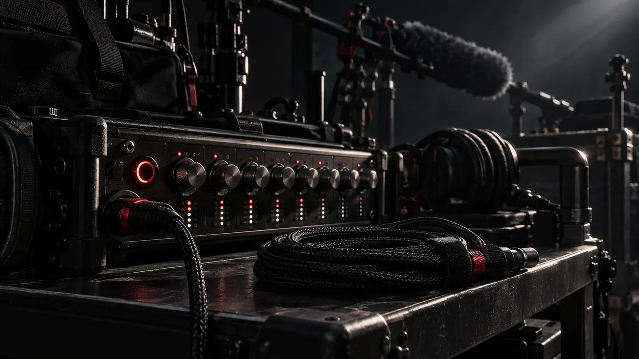 Bancada técnica de gravação de áudio direto de cinema com gravador multipista e conectores profissionais