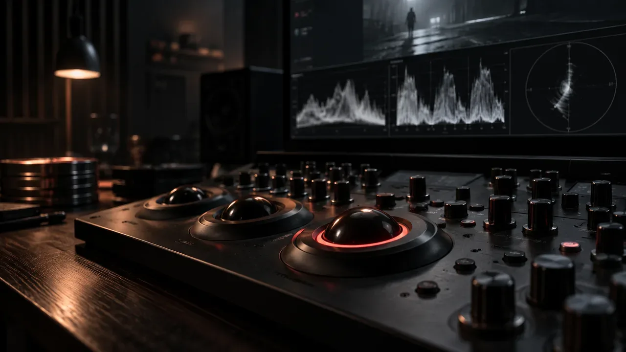 Suíte de pós-produção audiovisual e color grading com painel de controle e monitores calibrados