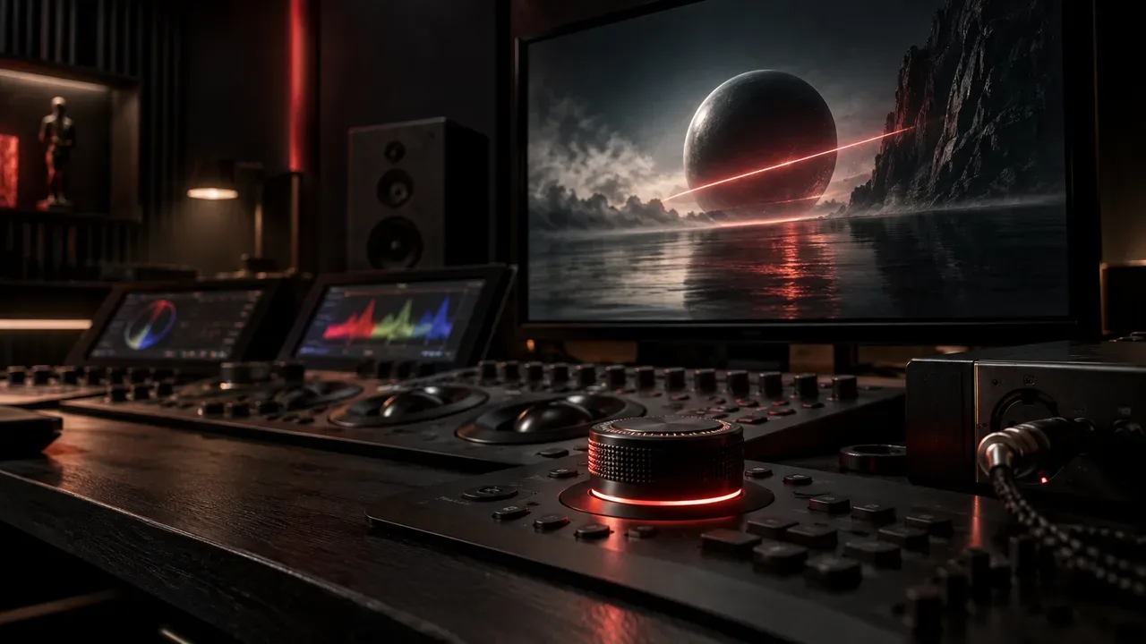 Console de pós-produção audiovisual e ilha de edição com monitores de referência para finalização corporativa