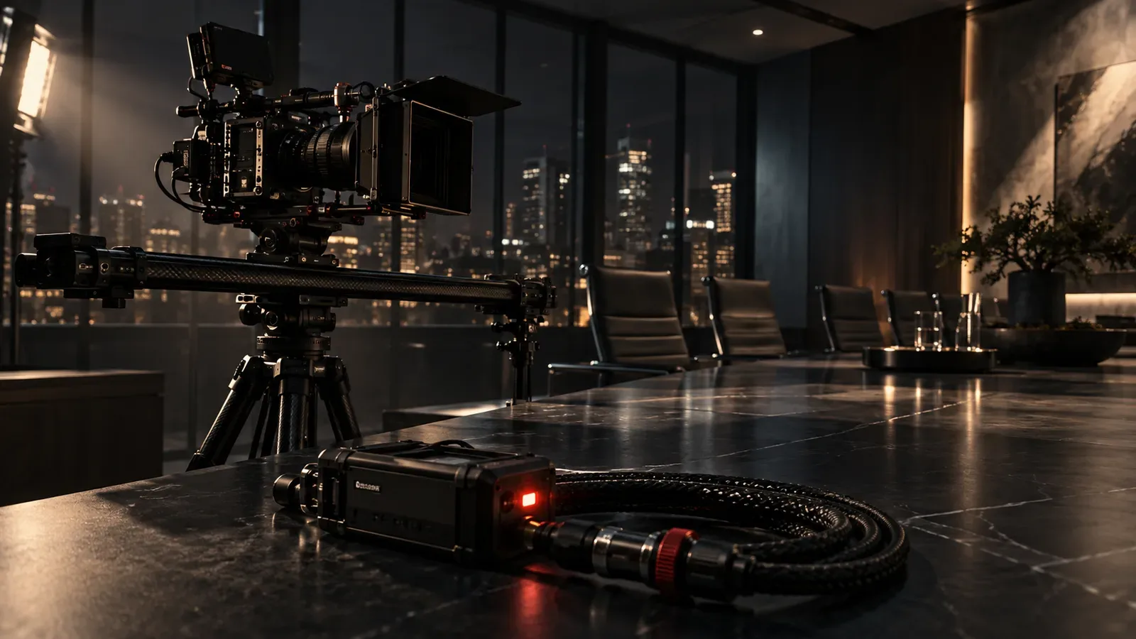 Set de produção audiovisual corporativa com câmera de cinema montada em tripé com conector de áudio carmim em sala de reuniões