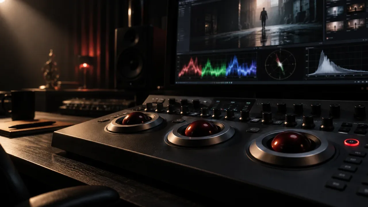 Ilha de pós-produção e color grading com console de edição e botão carmim em primeiro plano