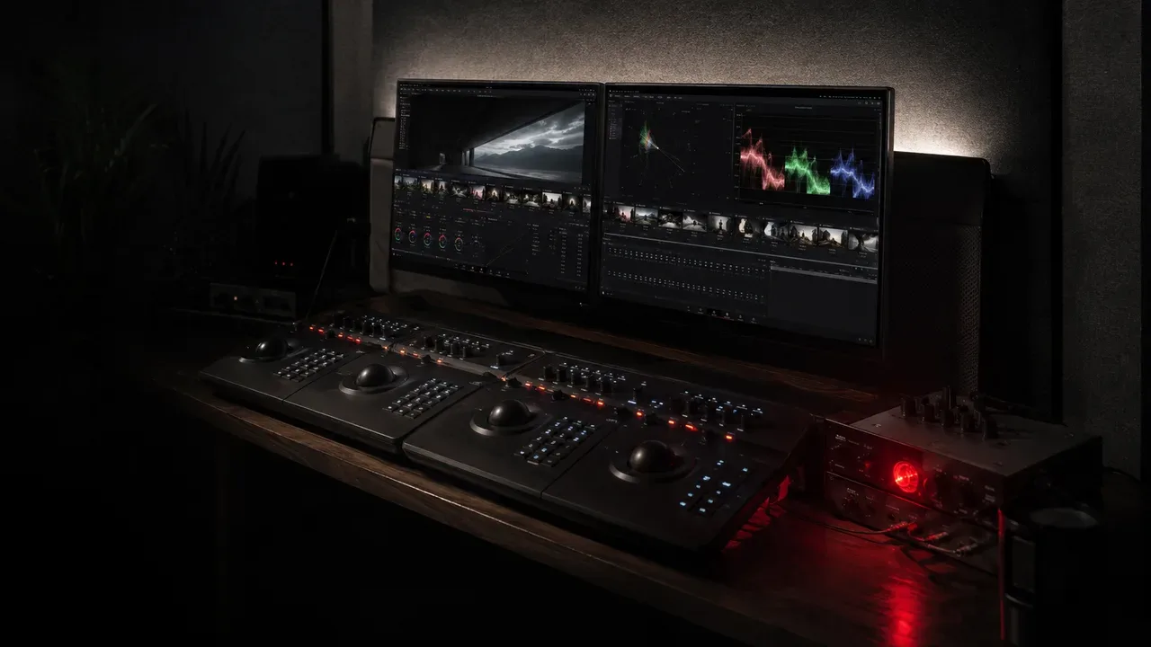 Estação técnica de monitoramento em set de gravação de vídeo institucional com iluminação chiaroscuro