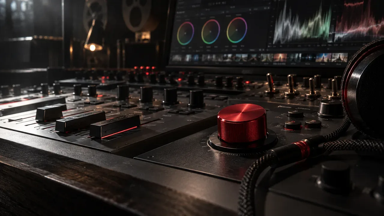 Console de pós-produção e edição de áudio com botão carmim de monitoramento para anúncios
