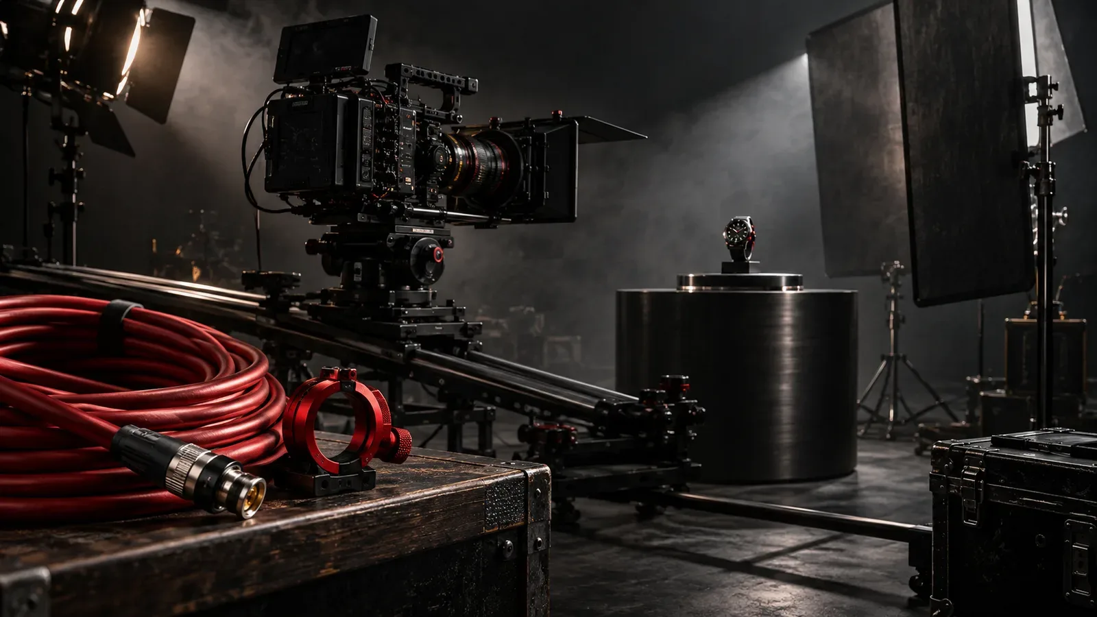 Set cinematográfico comercial com câmera de cinema em slider motorizado e cabo carmim para gravação de criativos