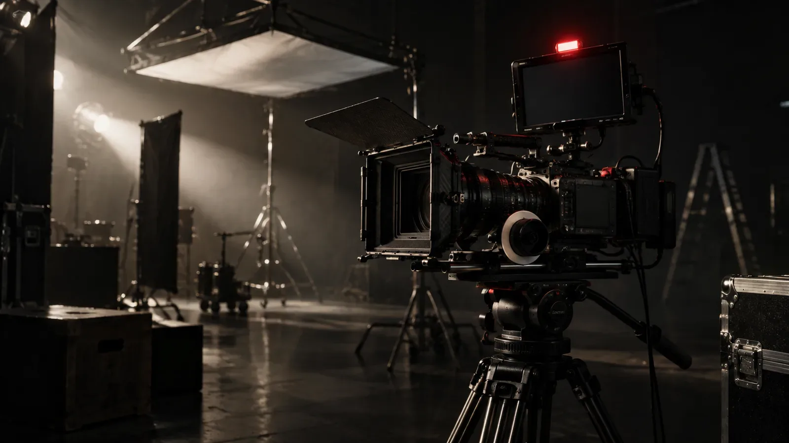Setup de câmera de cinema digital montada em tripé de estúdio com monitor de campo e luz de status em soundstage comercial