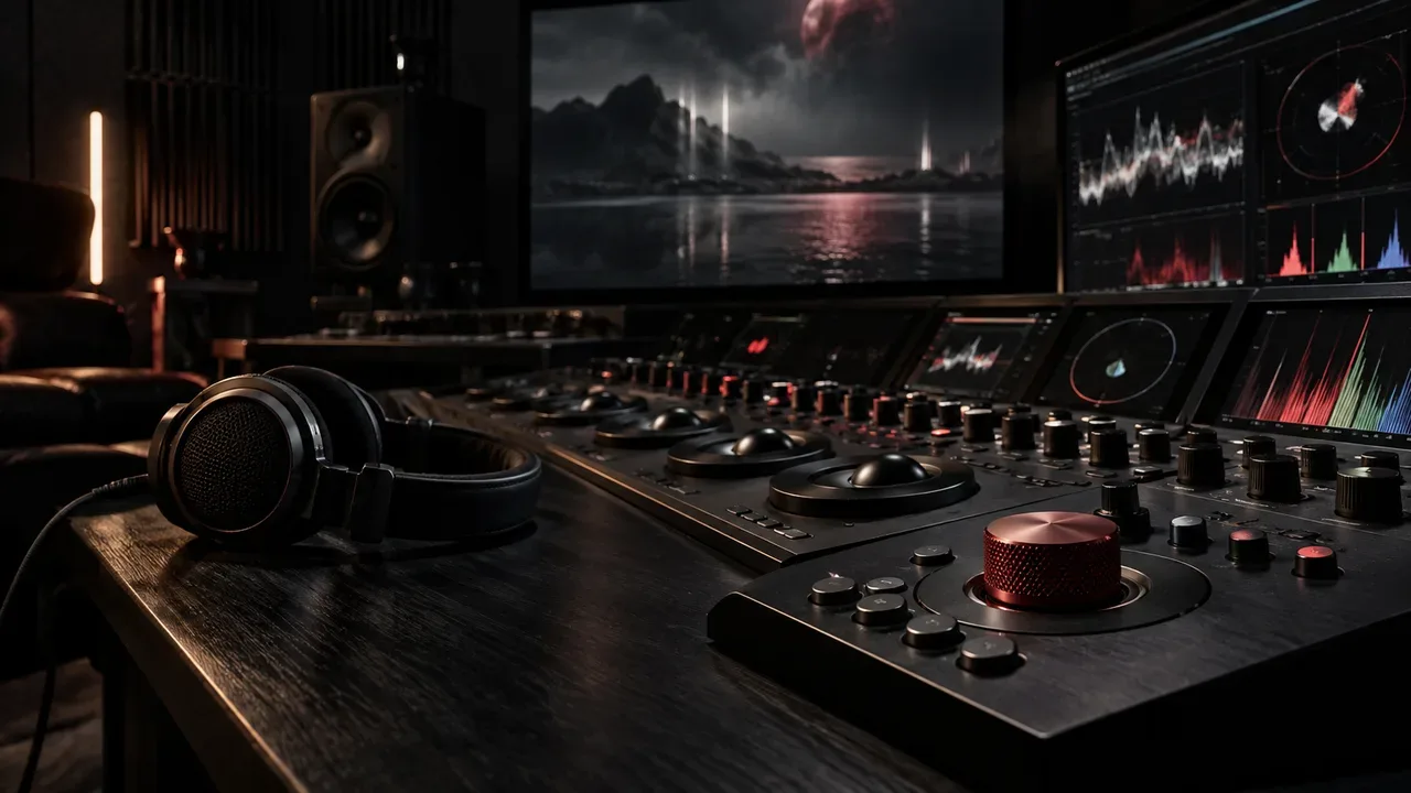 Setup de câmera de cinema digital com anel de trava carmim e lentes prime sobre tripé de alta precisão
