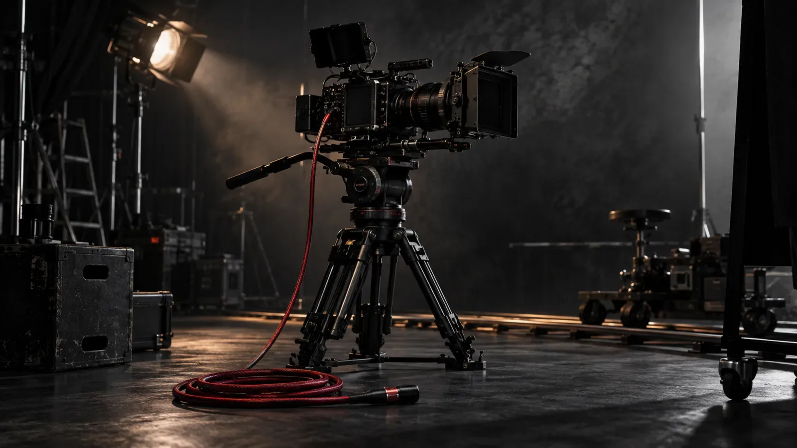 Equipe de filmagem corporativa com câmera de cinema digital em set arquitetônico sob iluminação chiaroscuro
