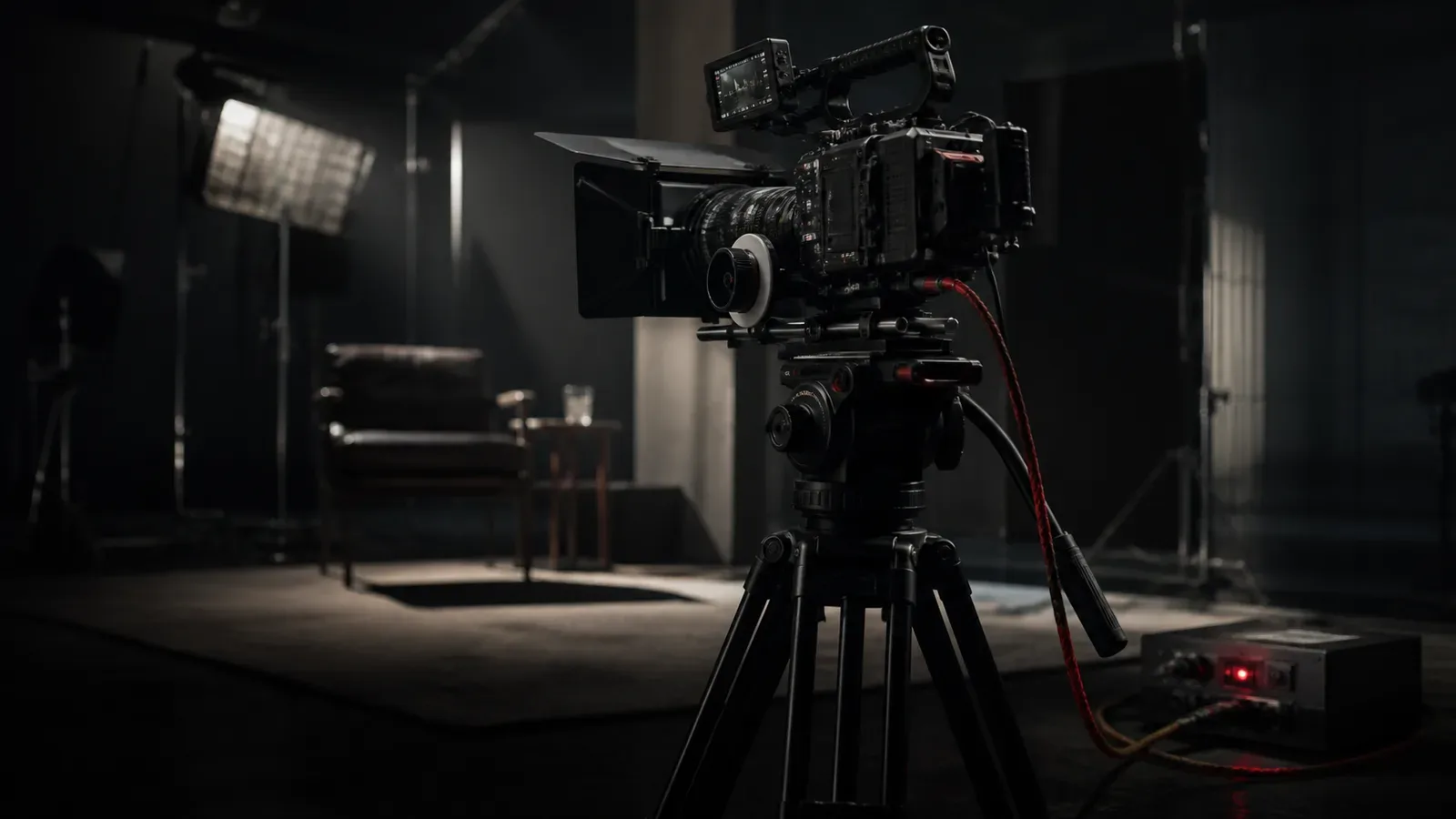 Câmera de cinema em set corporativo com iluminação chiaroscuro e cabeamento técnico