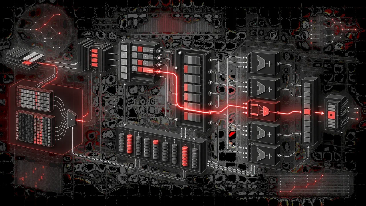 Diagrama esquemático de microarquitetura de CPU destacando pipeline out-of-order e caminho de execução branchless em estilo blueprint dark obsidian
