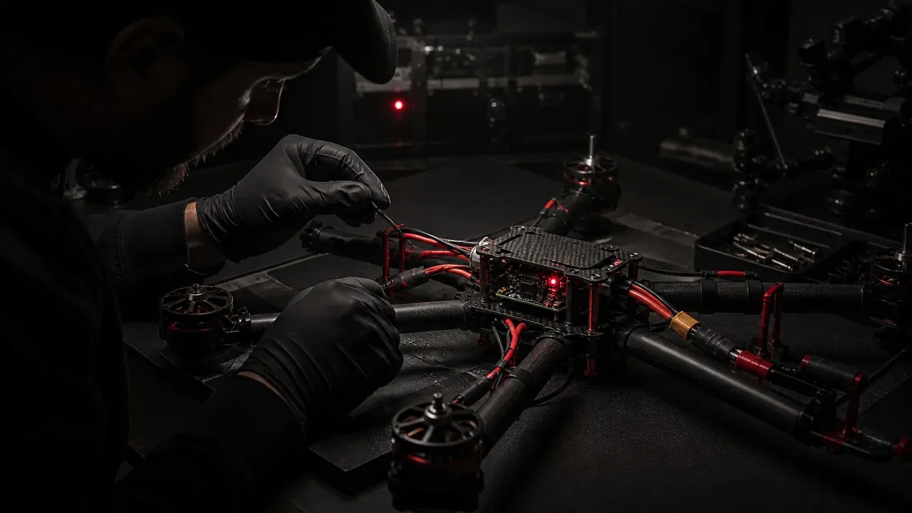 Engenheiro de drones FPV inspecionando fixação de motores e chicote 12S na bancada sob luminária carmim