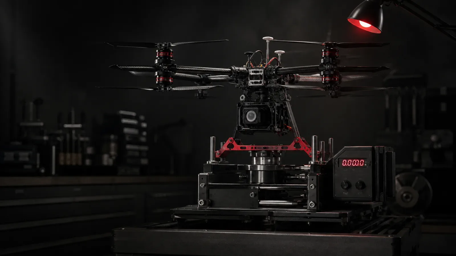 Drone Cinelifter FPV coaxial X8 em bancada técnica de testes de empuxo com luminária carmim iluminando o dinamômetro