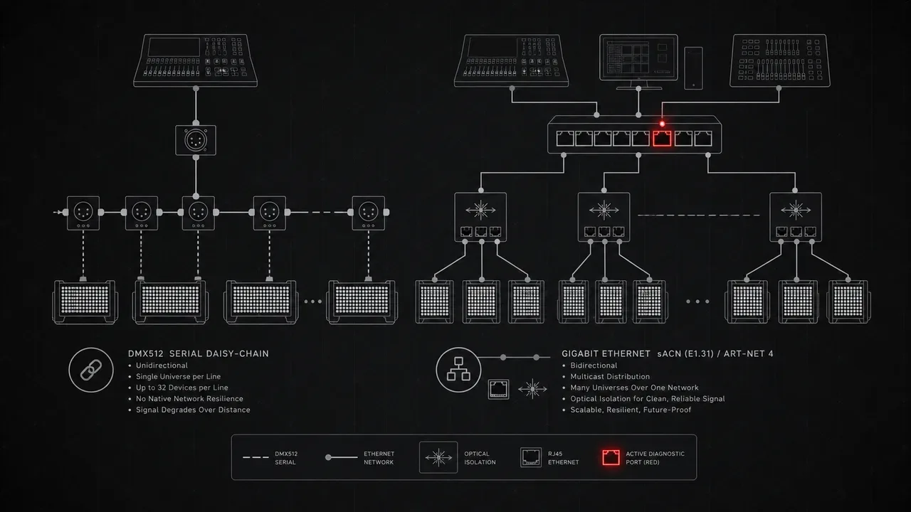 Diagrama comparativo da topologia de rede DMX512 serial em daisy-chain contra infraestrutura sACN sobre Ethernet Gigabit